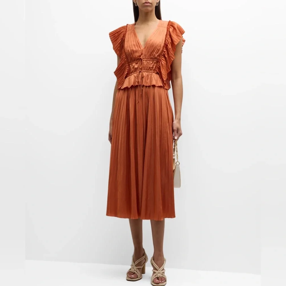 Ulla Johnson Letty Pleated Ruffe Satin Midi Dress - Picture 1 of 12